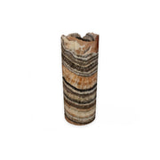 Zebra onyx cylinder luminary unlit, showing banded brown, cream and orange stone with a rugged natural top
