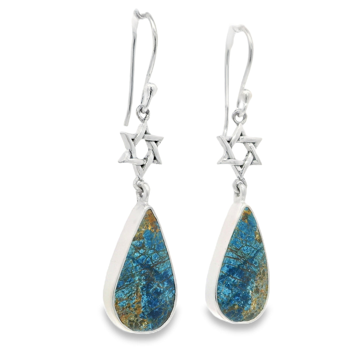 Shattuckite Chrysocolla Flat Cabochon Dangle Earrings in Simple Silver Bezel