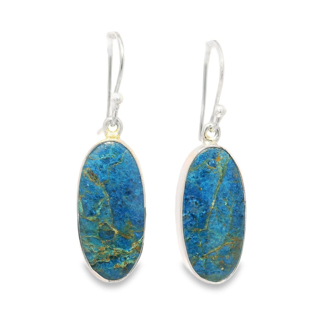 Shattuckite Chrysocolla Flat Cabochon Dangle Earrings in Simple Silver Bezel