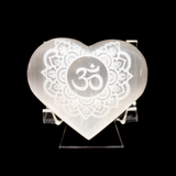 Selenite Heart with Engraved Om Symbol & Flower of Life - Sacred Geometry