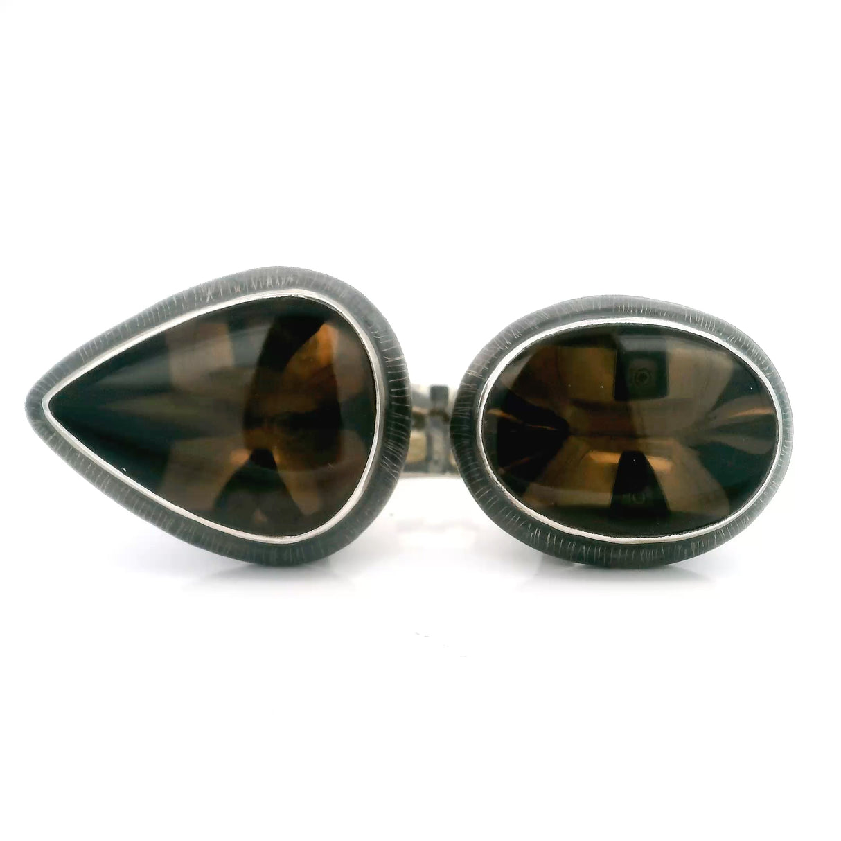 Smoky Quartz Ring with Oval & Pear Duo Bezel Set Set East-West on Oxidized 925 Sterling Silver Design - Double Trouble-