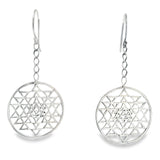 Sterling silver Sri Yantra sacred geometry dangle earrings with openwork triangle mandala on chains