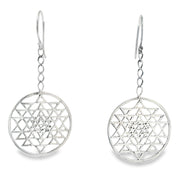 Sterling silver Sri Yantra sacred geometry dangle earrings with openwork triangle mandala on chains