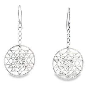 Sterling silver Sri Yantra sacred geometry dangle earrings with openwork triangle mandala on chains