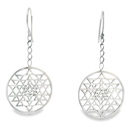 Sterling silver Sri Yantra sacred geometry dangle earrings with openwork triangle mandala on chains