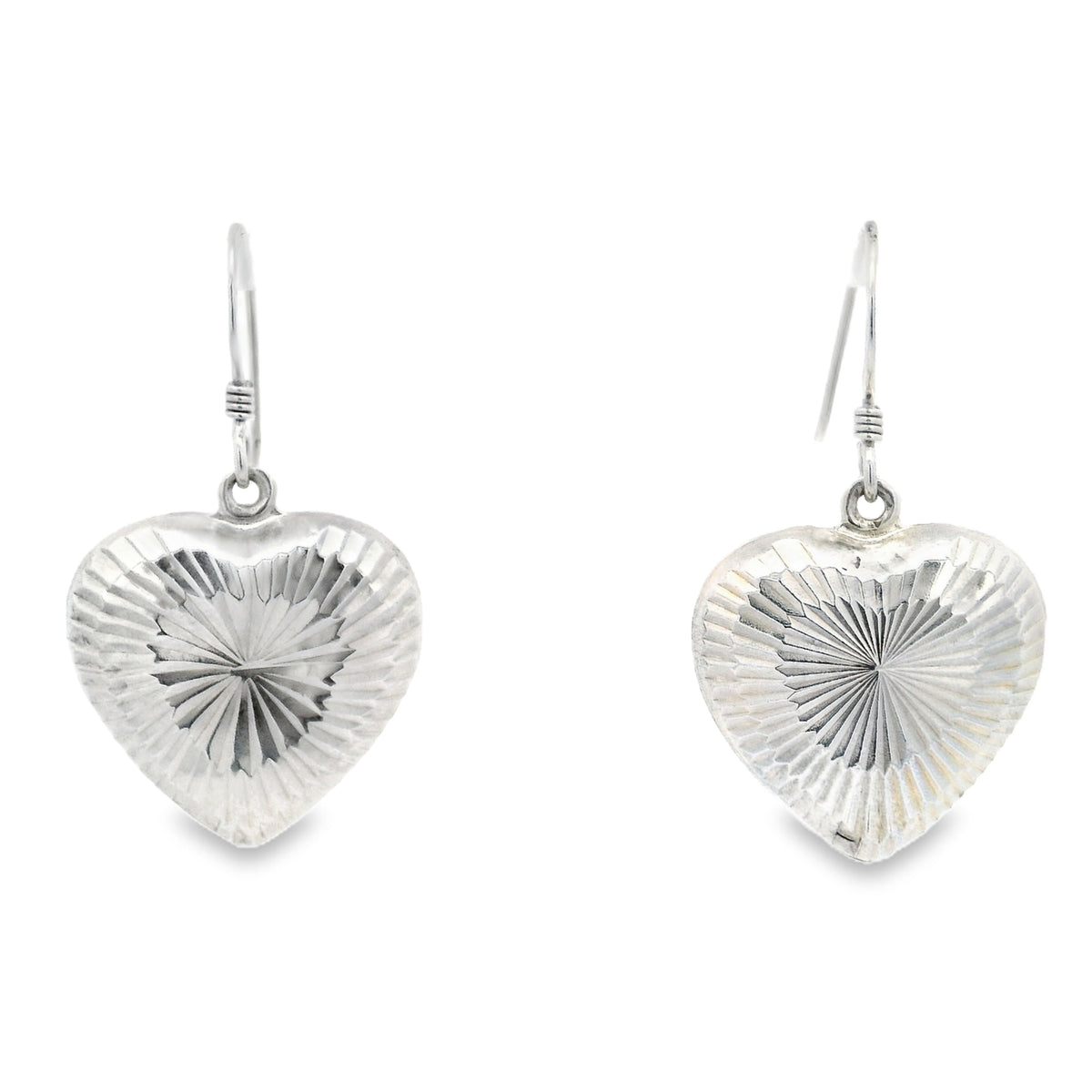 Sterling silver hollow puffed heart dangle earrings with a diamond-cut starburst pattern