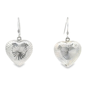 Sterling silver hollow puffed heart dangle earrings with a diamond-cut starburst pattern