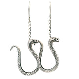 Cobra snake dangle earrings in sterling silver with detailed scale texture and raised hoods