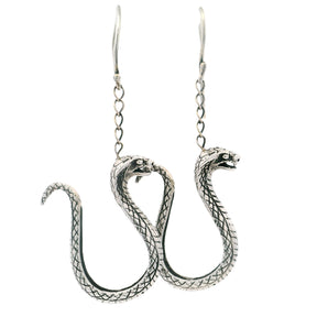 Cobra snake dangle earrings in sterling silver with detailed scale texture and raised hoods