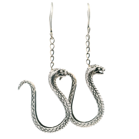 Cobra snake dangle earrings in sterling silver with detailed scale texture and raised hoods