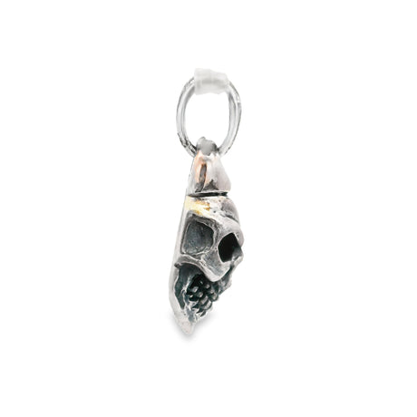 Sterling silver skull pendant, side profile view with flat back