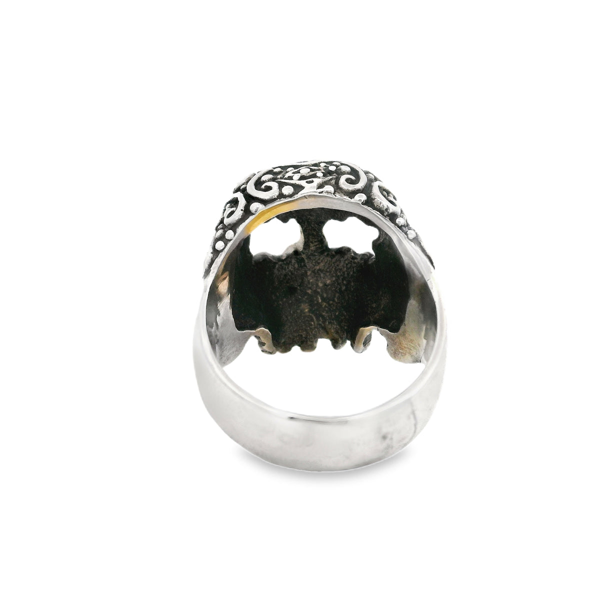 Sterling silver sugar skull ring, rear view of the openwork scroll detailing