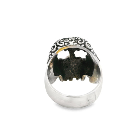 Sterling silver sugar skull ring, rear view of the openwork scroll detailing