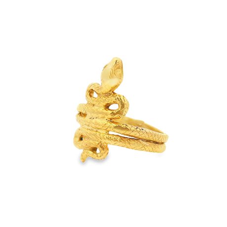 Ready-to-strike snake ring in gold vermeil over sterling silver with coiled textured body and raised head