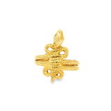 Front view of gold vermeil snake ring with double coiled band and detailed scales