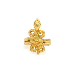 Gold vermeil ready-to-strike snake ring, coiled body with head raised on double band