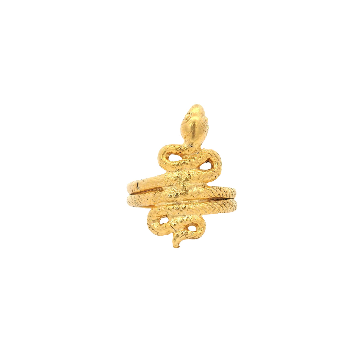 Coiled snake ring in gold vermeil over sterling silver, textured serpent rising to strike, front view
