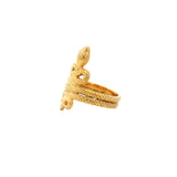 Gold vermeil snake ring wrapping a double band, side view of the raised serpent head