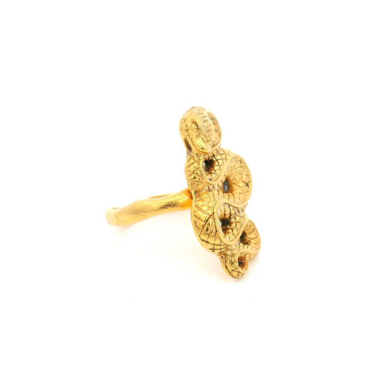 Gold vermeil snake ring with raised coiled serpent, side profile showing scale detail