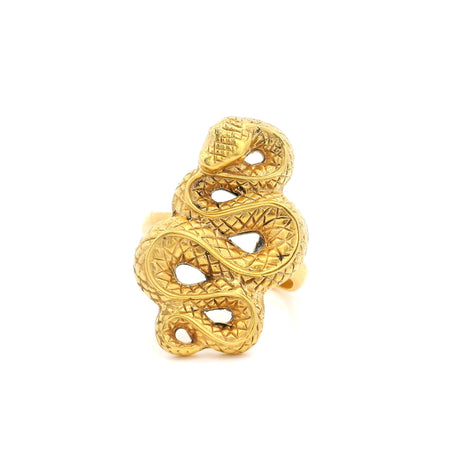 Coiled snake ring in gold vermeil over sterling silver with textured scale openwork, front view