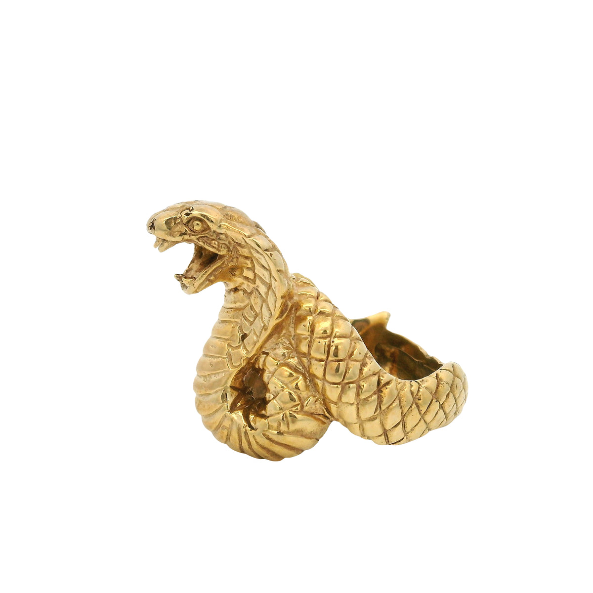 Gold vermeil cobra ring with raised flared hood and open fanged mouth, side profile