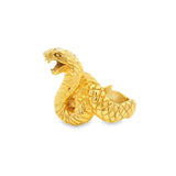 Gold vermeil cobra snake ring, left-facing profile with jaws open and detailed scales