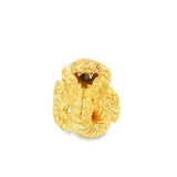 Gold vermeil cobra snake ring facing forward, gaping fanged mouth and hooded scaled neck