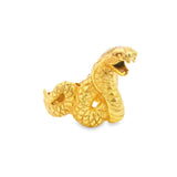 Gold vermeil raised cobra snake ring, side profile with open fanged mouth and coiled scaled body