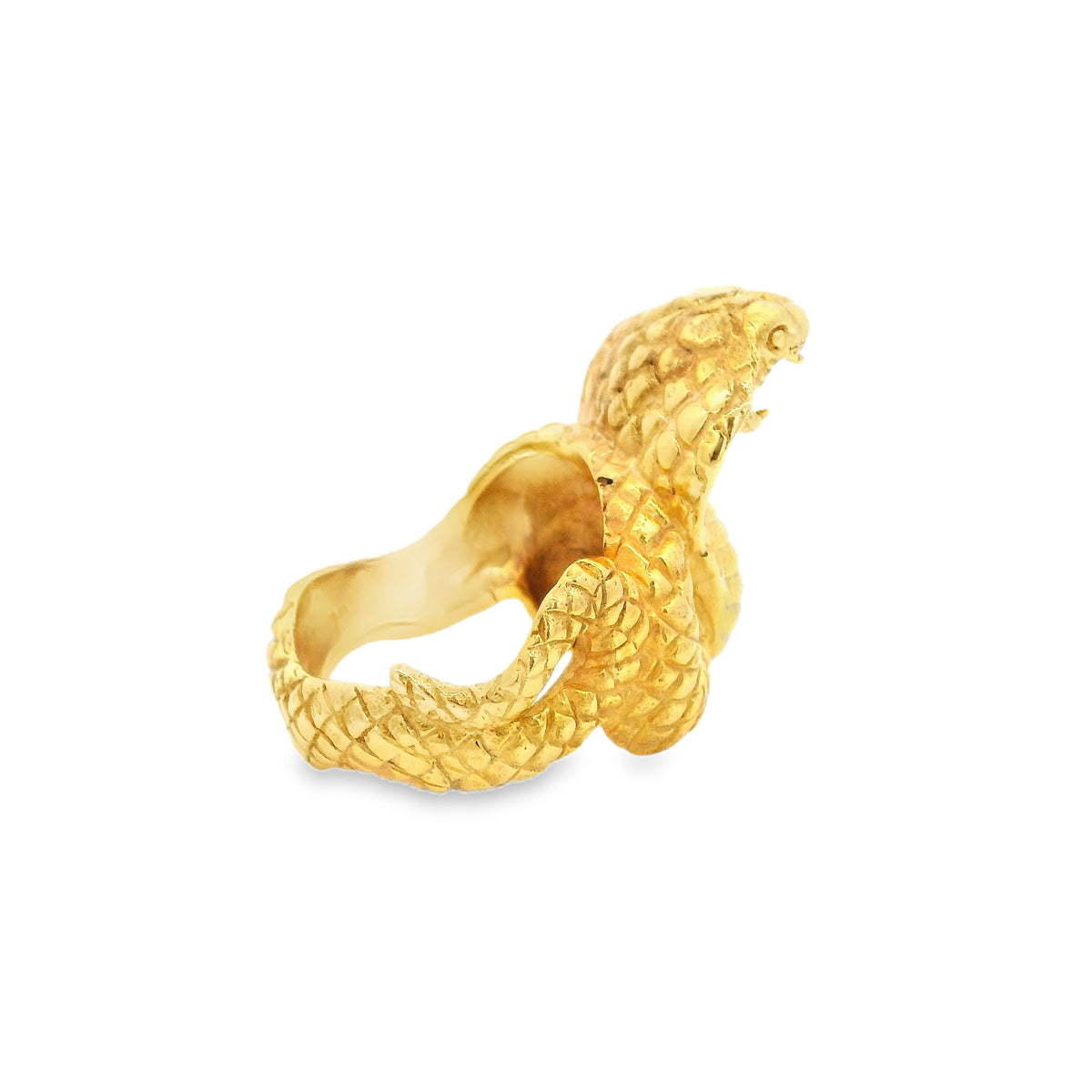 Gold vermeil cobra snake ring, rear three-quarter view showing scaled wavy band and coiled tail