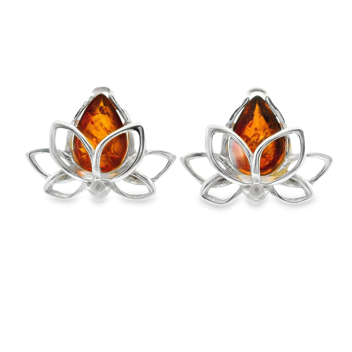 Cognac Amber Elegant Lotus Stud Earrings Bezel Set in 925 Sterling Silver