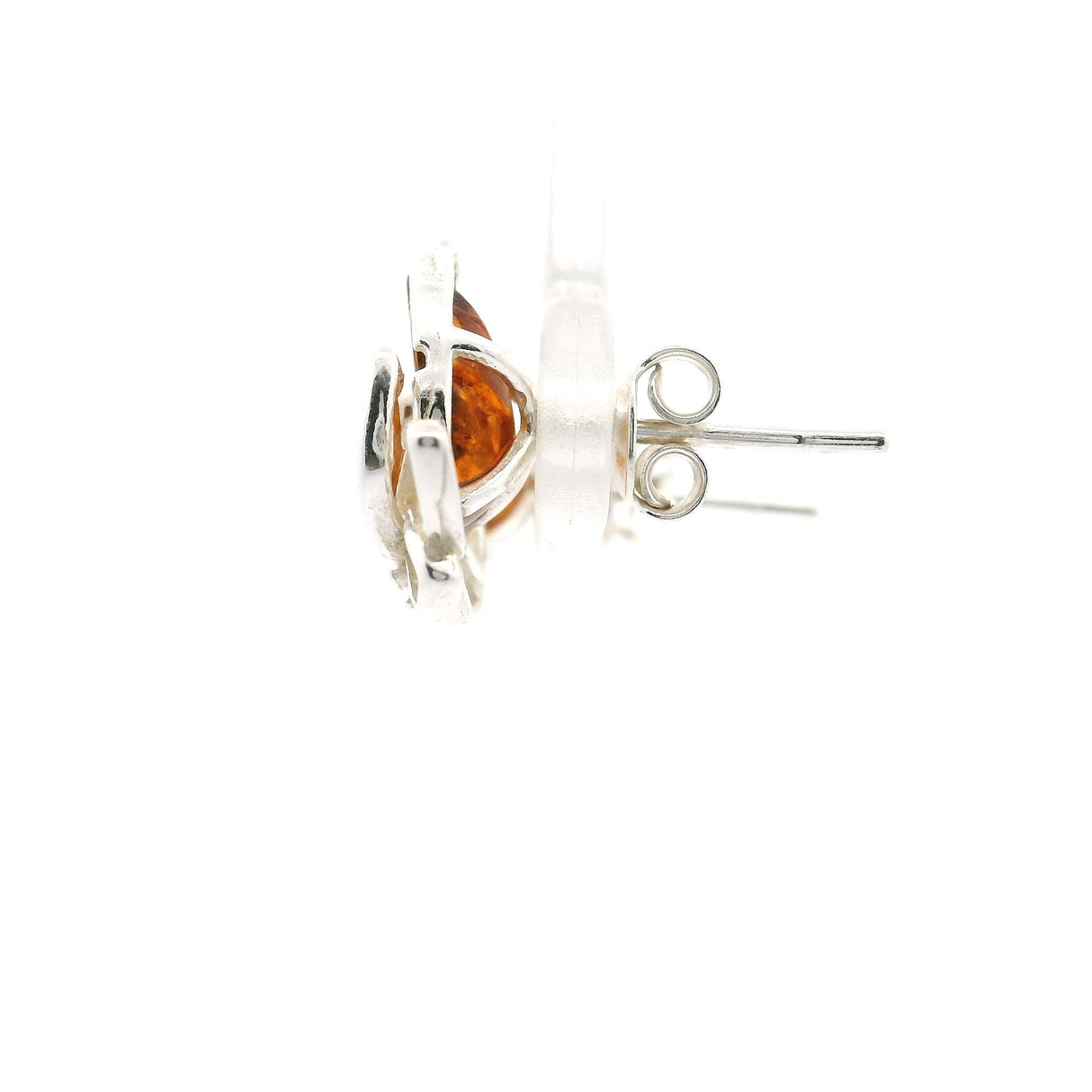 Cognac Amber Elegant Lotus Stud Earrings Bezel Set in 925 Sterling Silver