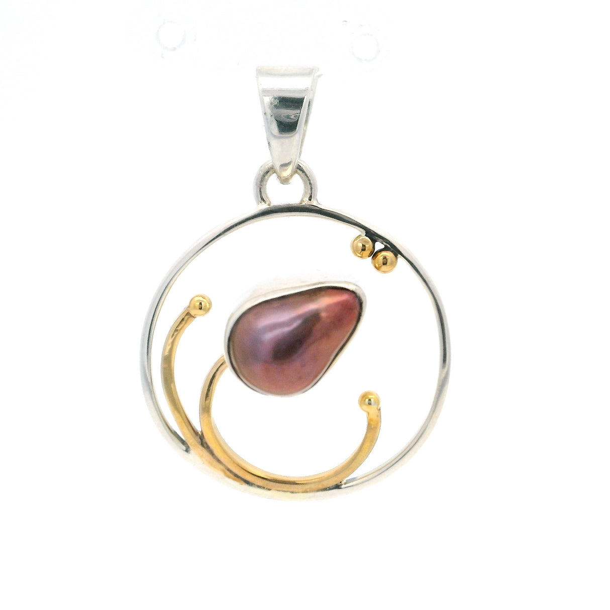 Tahitian Pearl Pendant - Pear Shaped Pearl Set in 925 Sterling Silver Bezel & Open Circle with Gold Vermeil Filigree & Beading