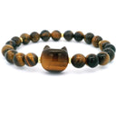 Cat Face Carved Bead & 8mm Rounds Beaded Bracelet with Gold Spacers
