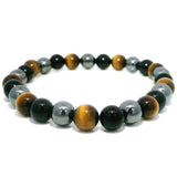 Tri-Color Beaded Bracelet with Yellow Tigers Eye, Hematite and Black Obsidian 8mm Rounds - Large