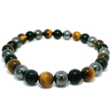 Tri-Color Beaded Bracelet with Yellow Tigers Eye, Hematite and Black Obsidian 8mm Rounds - Large