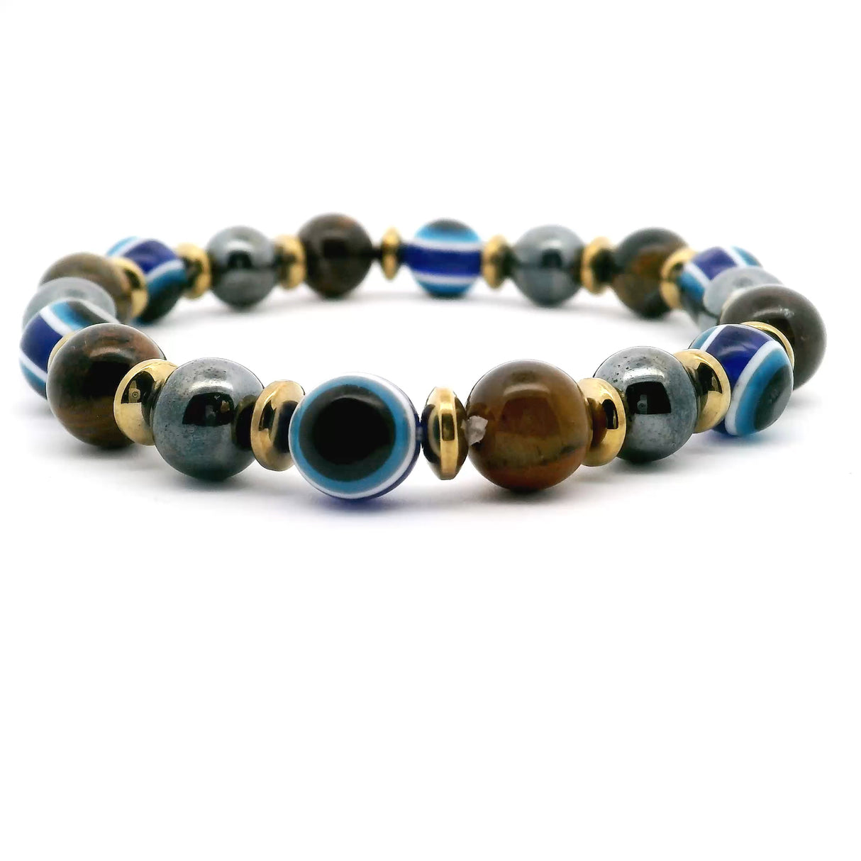 Tigers Eye & Hematite Navy Evil Eye Beaded Bracelet 8mm Rounds