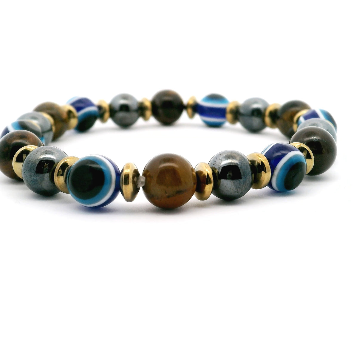 Tigers Eye & Hematite Navy Evil Eye Beaded Bracelet 8mm Rounds