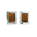 Tigers Eye Clip Earrings - Rectangle Cabochon With Silver Bezel Edge