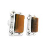 Tigers Eye Clip Earrings - Rectangle Cabochon With Silver Bezel Edge & Beads