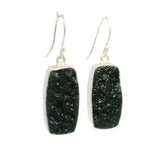 Natural Black Tektite Rectangle Dangle Earrings in Simple Silver Bezel