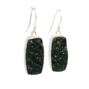 Rough black tektite rectangle dangle earrings in silver bezels on french hook wires