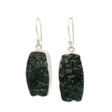 Natural Black Tektite Rectangle Dangle Earrings in Simple Silver Bezel