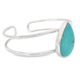 Turquoise Classic Double Row Open Back Silver Cuff - Simple Bezel Set - Polished Cabochon Teardrop