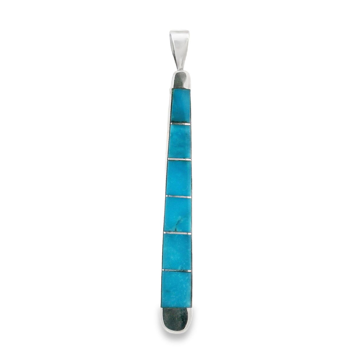 Turquoise Inlay Pendant - Tapered Elongated Rectangle With Rounded Silver Edges & Simple Rectangle Channeling