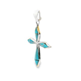 Turquoise Inlay Cross Pendant - Geometric Inlay Set in Dainty 925 Sterling Silver Cross with Tapered Arms