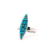 Kingman turquoise popcorn inlay ring, marquise face of blue turquoise blocks in silver, angled view