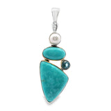 Mexican Turquoise Pendant - Freeform & Oval Cabochon with Freshwater Pearl & Faceted Blue Topaz Round Set in 925 Sterling Silver Bezels