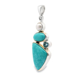Mexican Turquoise Pendant - Freeform & Oval Cabochon with Freshwater Pearl & Faceted Blue Topaz Round Set in 925 Sterling Silver Bezels
