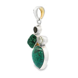 Turquoise Pendant from Tibet - Dainty Reverse Pear with Chatoyant Malachite Freeform & Faceted Prasiolite & Smoky Quartz Rounds - Set in 925 Sterling Silver