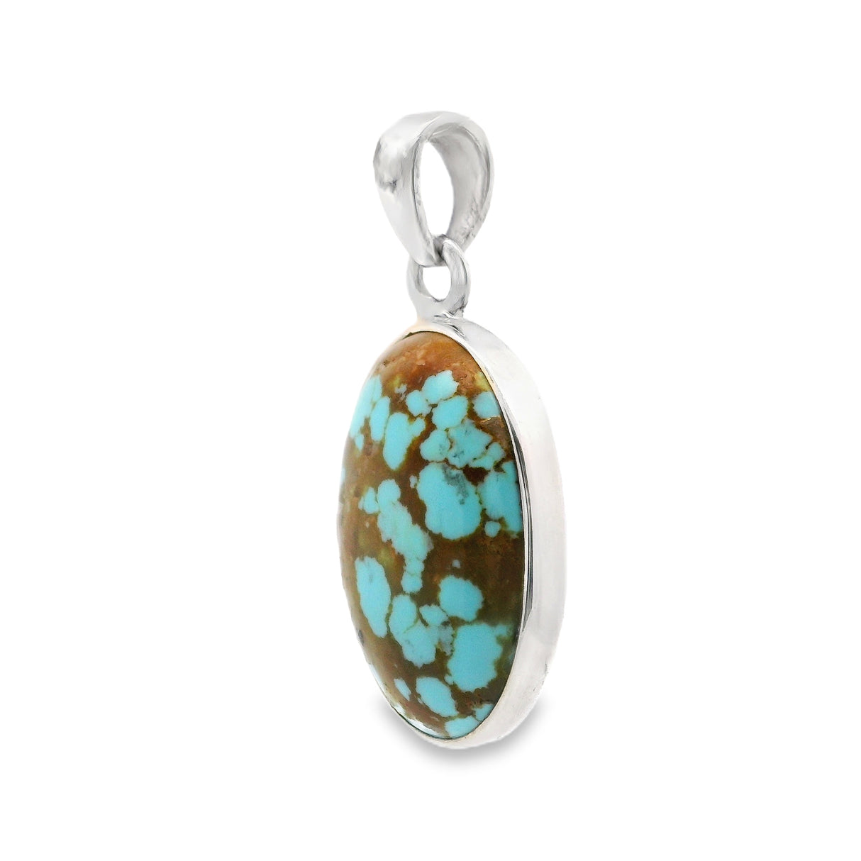Santa Fe Turquoise Pendant - Oval Cabochon Set in Simple 925 Sterling Silver Bezel - Bright Robins Egg Blue with Tawny Brown Veining
